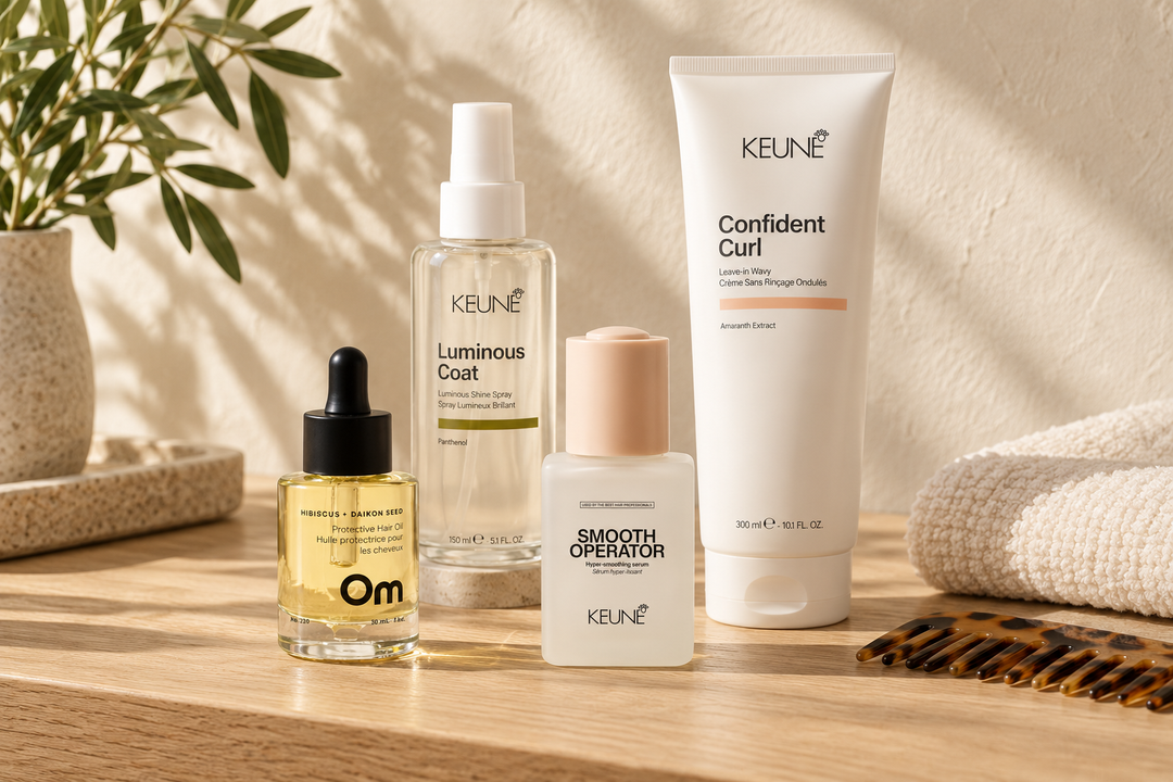 Om Organics hair oil with Keune Smooth Operator, Luminous Coat and Confident Curl on a sunlit vanity.