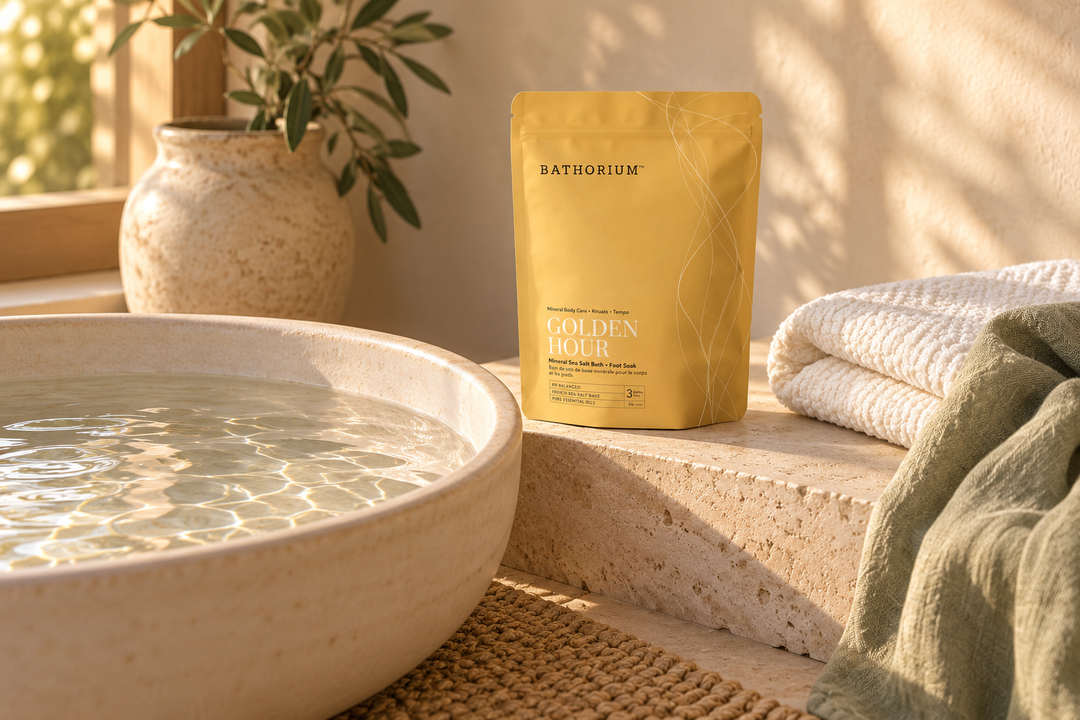 Bathorium Golden Hour mineral soak beside a cream foot basin, folded towel and sage linen in warm window light.