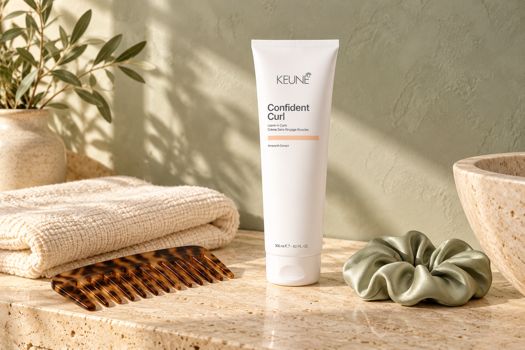 Keune Confident Curl Leave-In Curly with a comb, cream towel and sage scrunchie on a stone ledge.