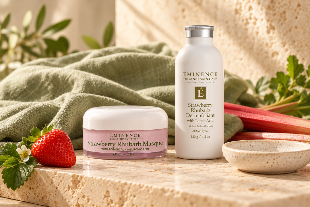 Éminence Strawberry Rhubarb Masque and Dermafoliant on cream stone with sage linen, strawberry and rhubarb.