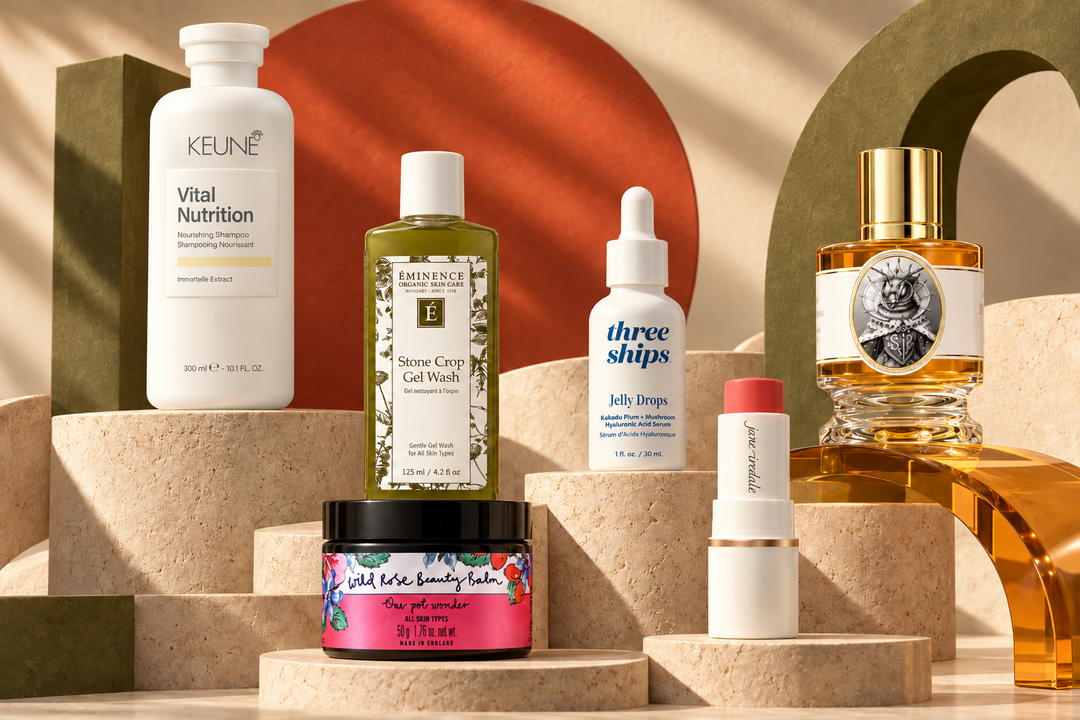 Eminence, Neal’s Yard Remedies, Three Ships, Jane Iredale, Keune and Zoologist products on sculptural plinths