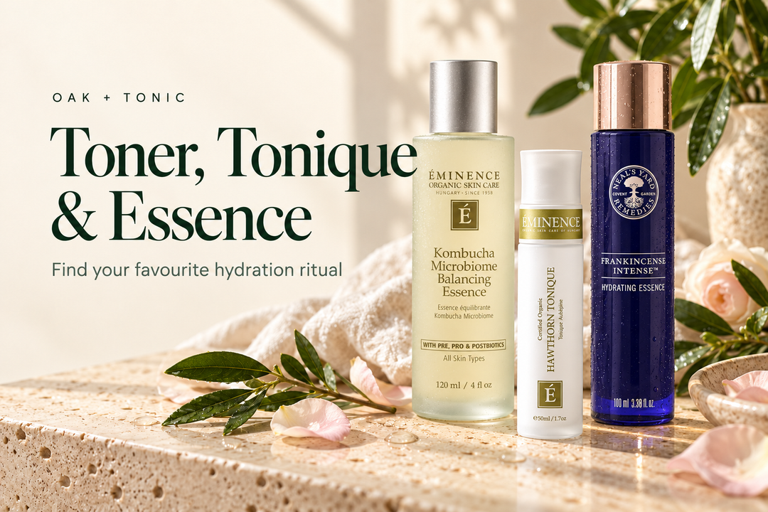 Toner, Tonique & Essence — Éminence Kombucha Essence and Hawthorn Tonique alongside Neal’s Yard Remedies Frankincense Intense Hydrating Essence.
