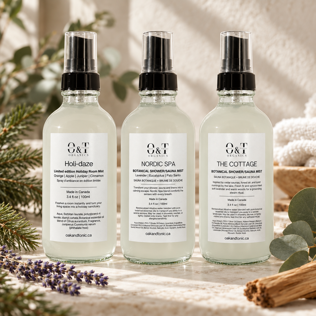 Oak & Tonic Organics Holi-daze, Nordic Spa and The Cottage botanical mists in matching glass spray bottles.