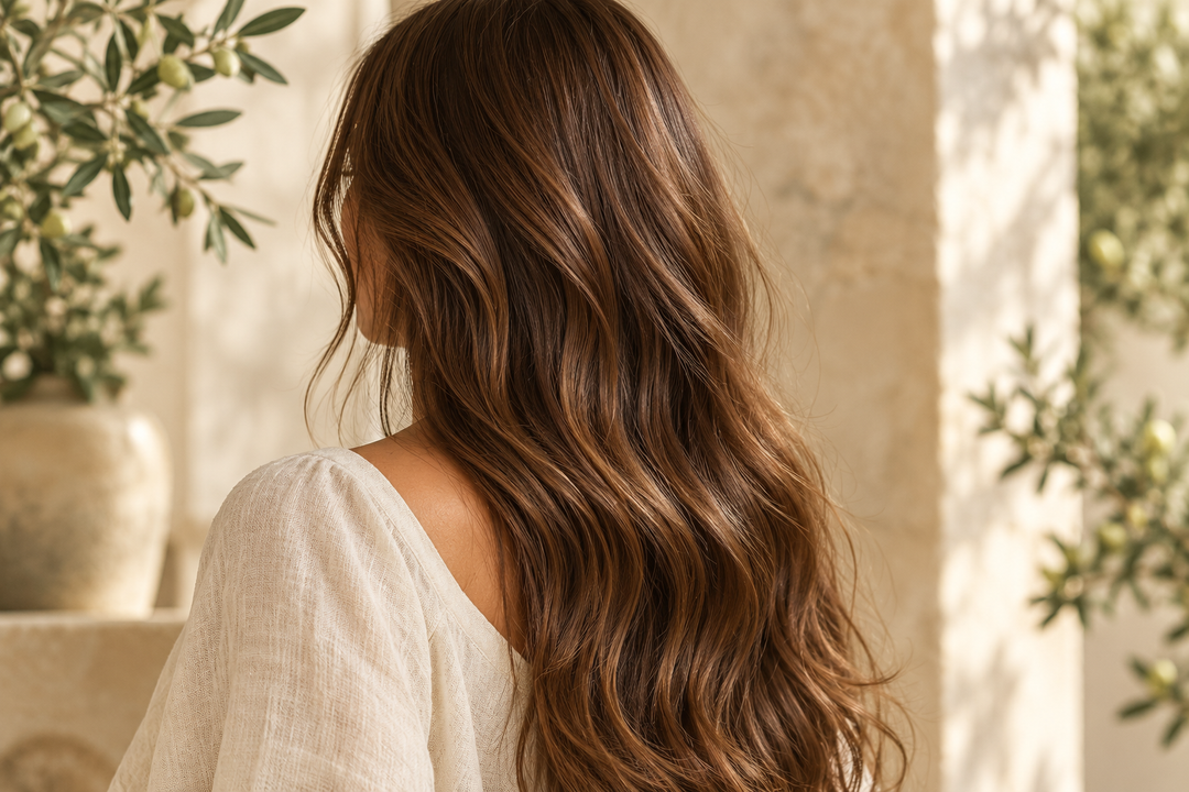 Long chestnut waves against a warm neutral backdrop with botanical greenery.