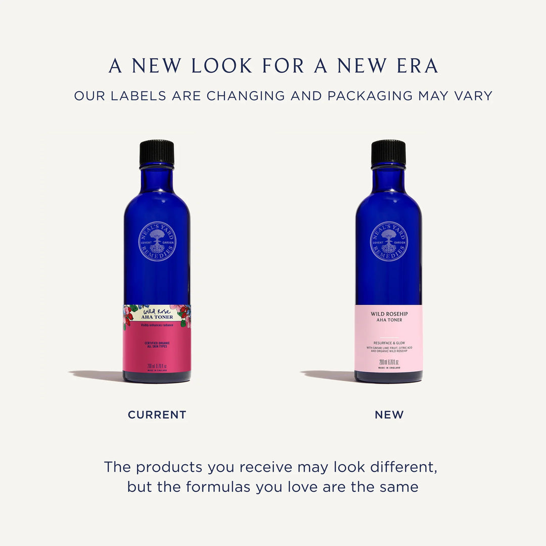 Neal's Yard Remedies Wild Rose AHA Toner — old and new toner labels compared side by side.