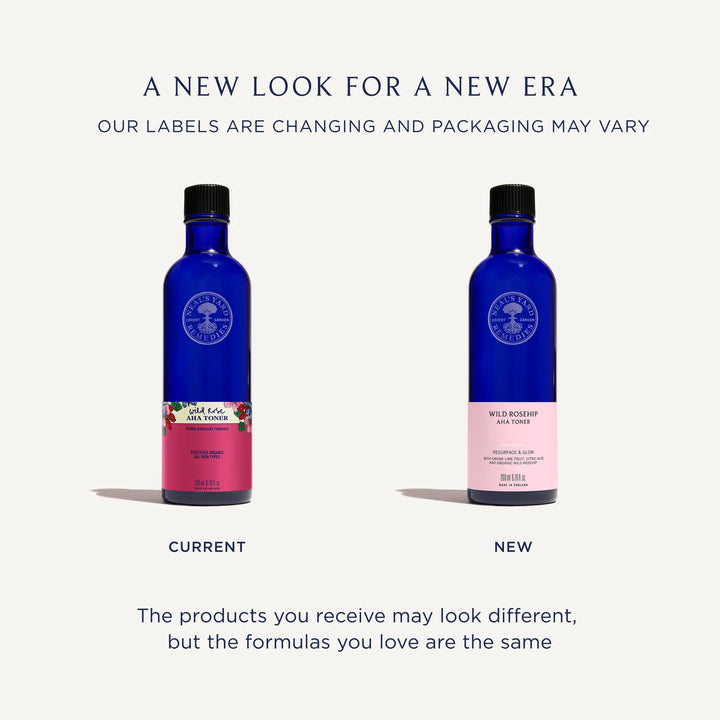 Neal's Yard Remedies Wild Rose AHA Toner — old and new toner labels compared side by side.
