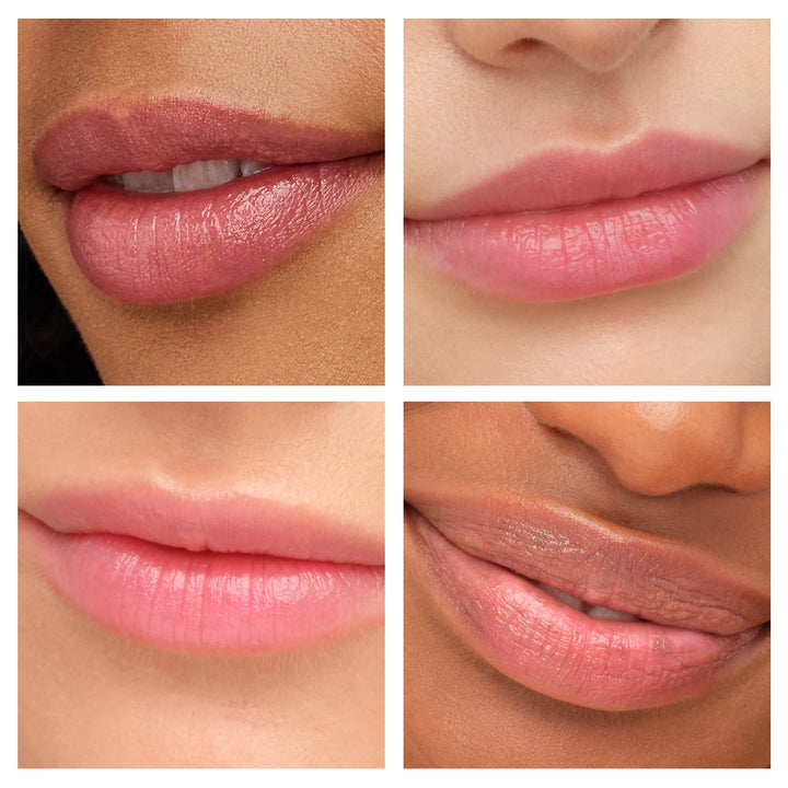 Collage of four close-up images of lips with different shades of pink lipstick.