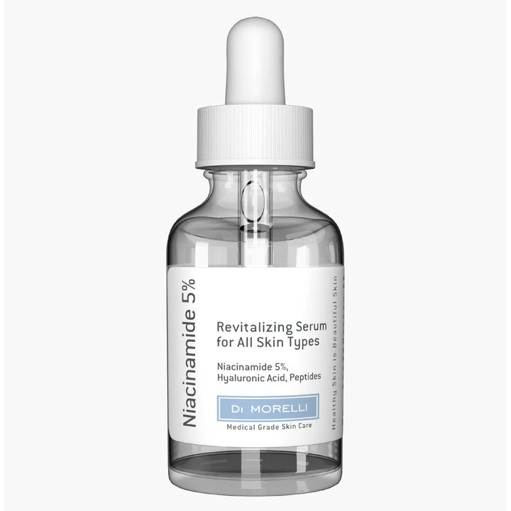 Skincare serum bottle with dropper labeled 'Niacinamide 5%' by Dr. Morel on a white background