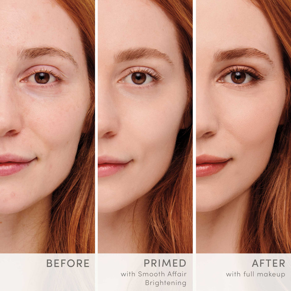 Jane Iredale Smooth Affair Primer — three-panel face comparison before primer, after primer and with full makeup.