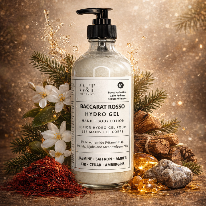 Baccarat Rosso hydro gel bottle with decorative elements on a warm-toned background