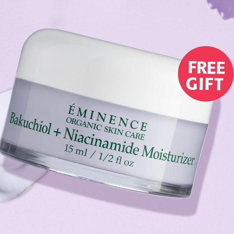 Eminence organic skin care moisturizer with purple flowers on a light purple background