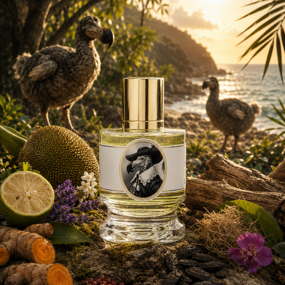 A perfume bottle with a gold cap and a portrait label sits on a rocky beach setting surrounded by tropical fruits, flowers, and two moa birds in the background.