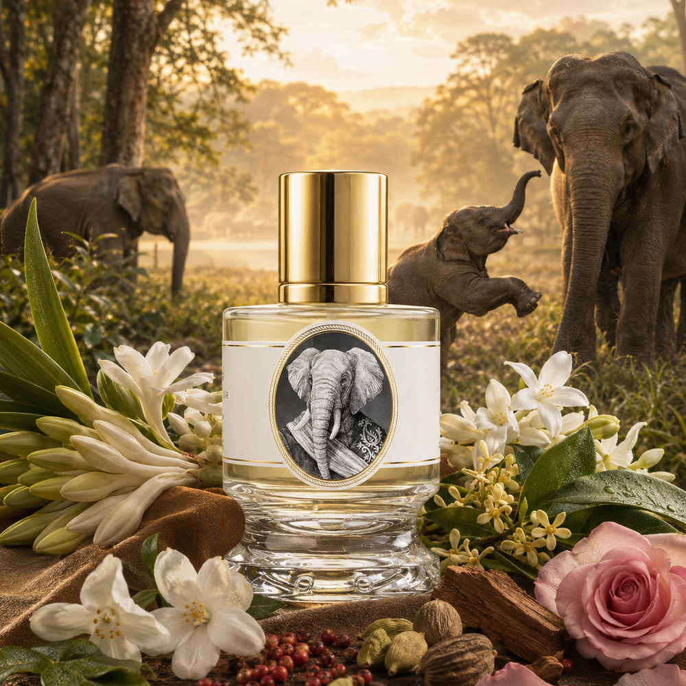 A clear glass perfume bottle with a shiny gold cap and a white label featuring a black-and-white elephant portrait, styled on a wooden surface with flowers, spices, and a safari background showing elephants in a sunlit forest.
