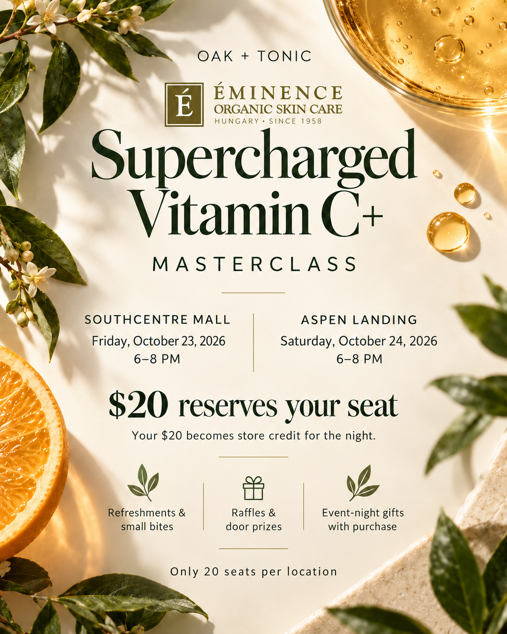 Eminence masterclasses: Southcentre October 23 and Aspen Landing October 24, 2026, 6–8 pm; $20 reservation becomes event-night store credit