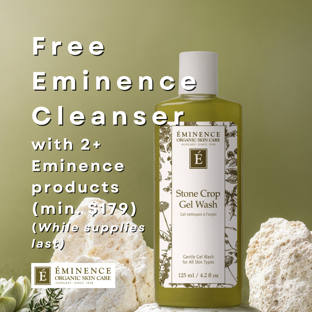 Eminence Organic Skin Care Stone Crop Gel Wash bottle with promotional text on a green background