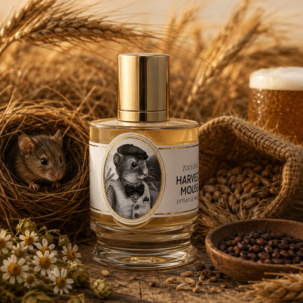 A clear glass perfume bottle with a shiny gold cap and a cream label featuring a black-and-white rodent portrait, styled on a rustic wooden surface with wheat stalks, hops, flowers, and a small animal peeking from a nest.
