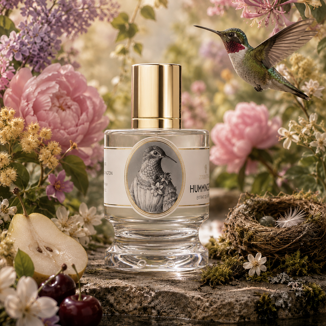 A perfume bottle labeled HUMMINGBIRD stands on a stone surface in a lush garden scene with pink flowers, a hummingbird, fruit, and a nest. The product itself is a clear glass bottle with a gold cap and a cream label featuring a bird illustration.