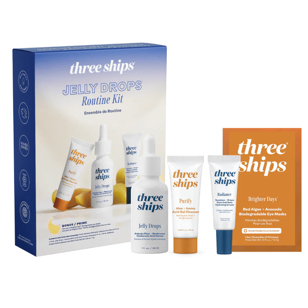 Three Ships Jelly Drops Routine Kit with packaging and product bottles on a white background