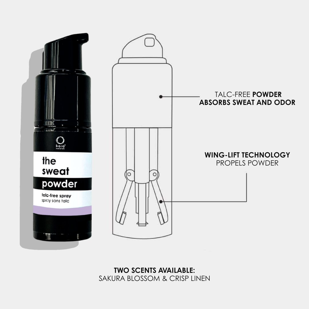 Kaia Naturals non-aerosol sweat powder spray with Wing-Lift Technology