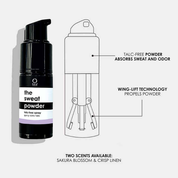 Kaia Naturals non-aerosol sweat powder spray with Wing-Lift Technology