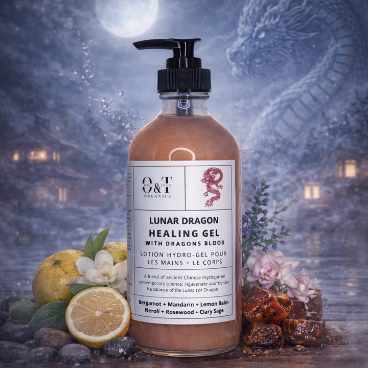 Lunar Dragon Healing Gel bottle with dragon and moon in the background