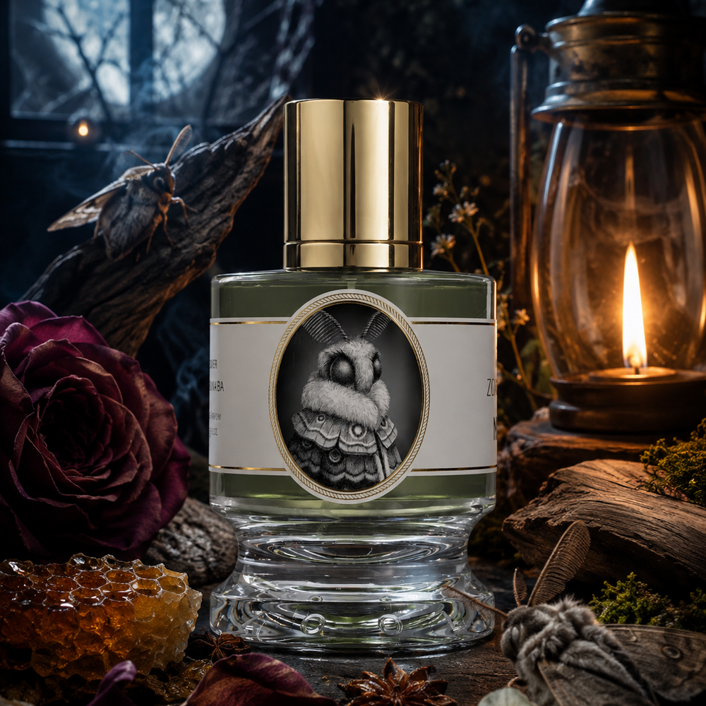 A decorative perfume bottle with a gold cap and a label showing a black-and-white owl illustration, surrounded by dried flowers, wood, a lit lantern, and amber pieces in a moody dark setting.