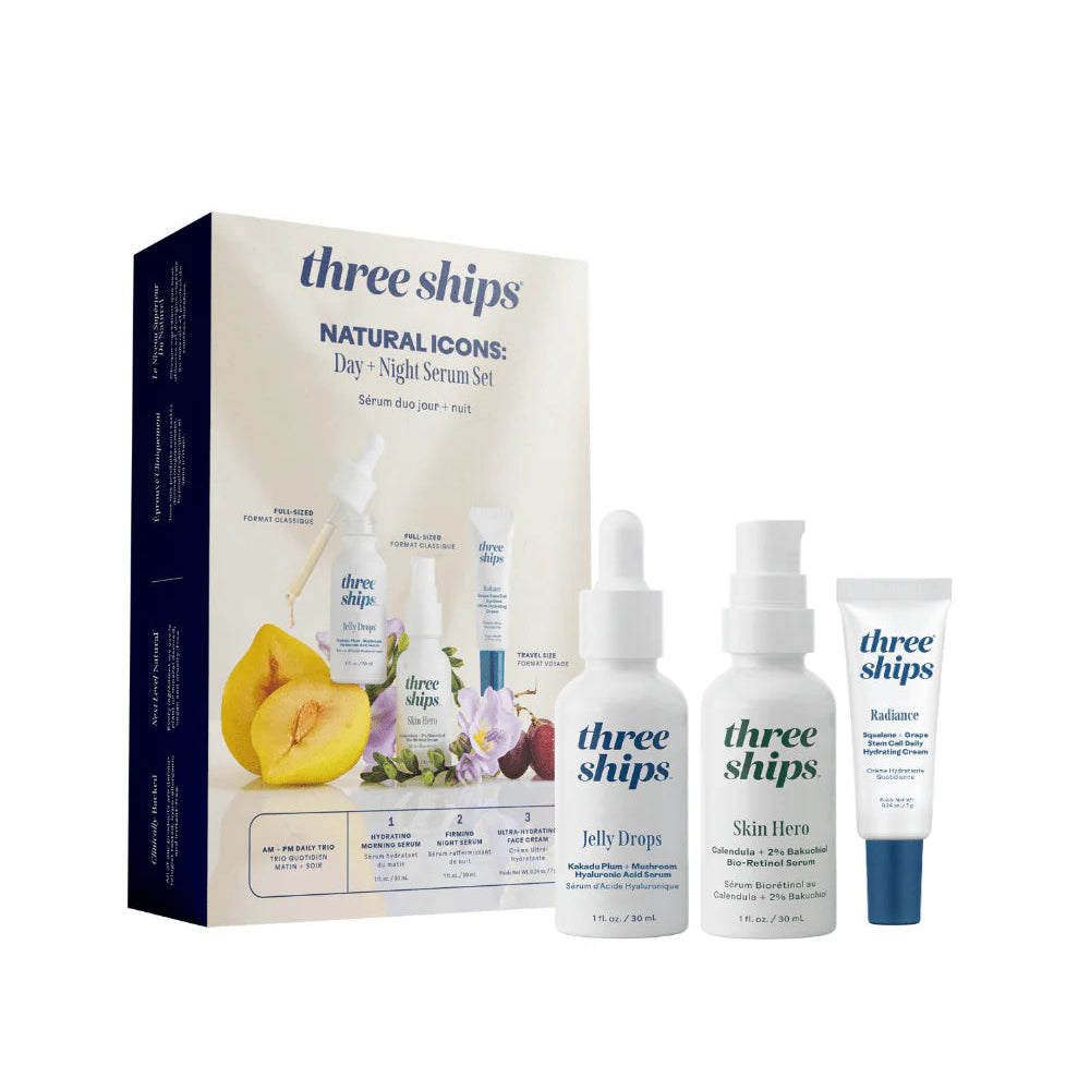 Three Ships natural skincare product set on a white background