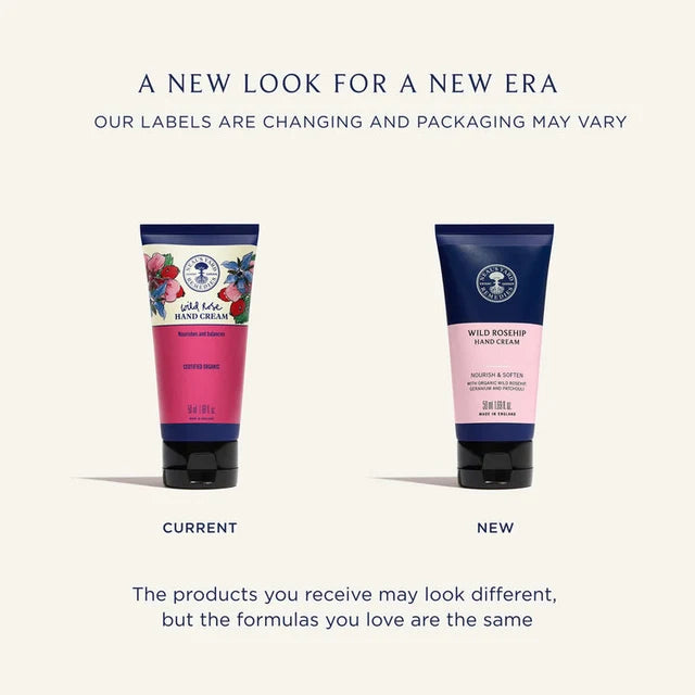 Neal's Yard Remedies Wild Rose Hand Cream 50ml — old and new hand cream packaging compared side by side.