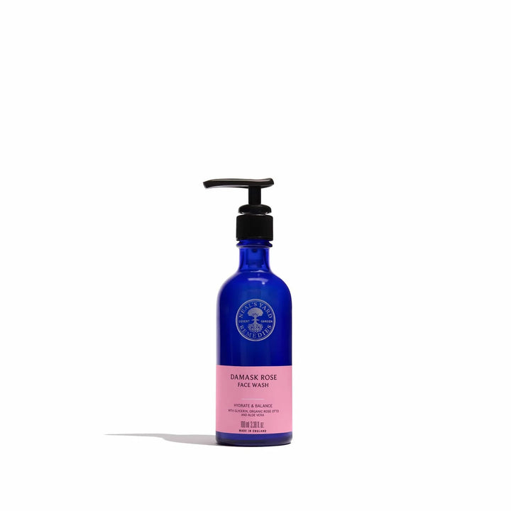 Neal's Yard Remedies Rehydrating Rose Facial Wash 100ml — blue pump bottle with the updated pink label.