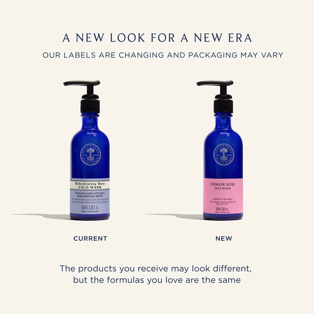 Neal's Yard Remedies Rehydrating Rose Facial Wash 100ml — old and new facial wash labels compared side by side.