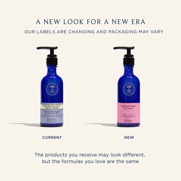 Neal's Yard Remedies Rehydrating Rose Facial Wash 100ml — old and new facial wash labels compared side by side.