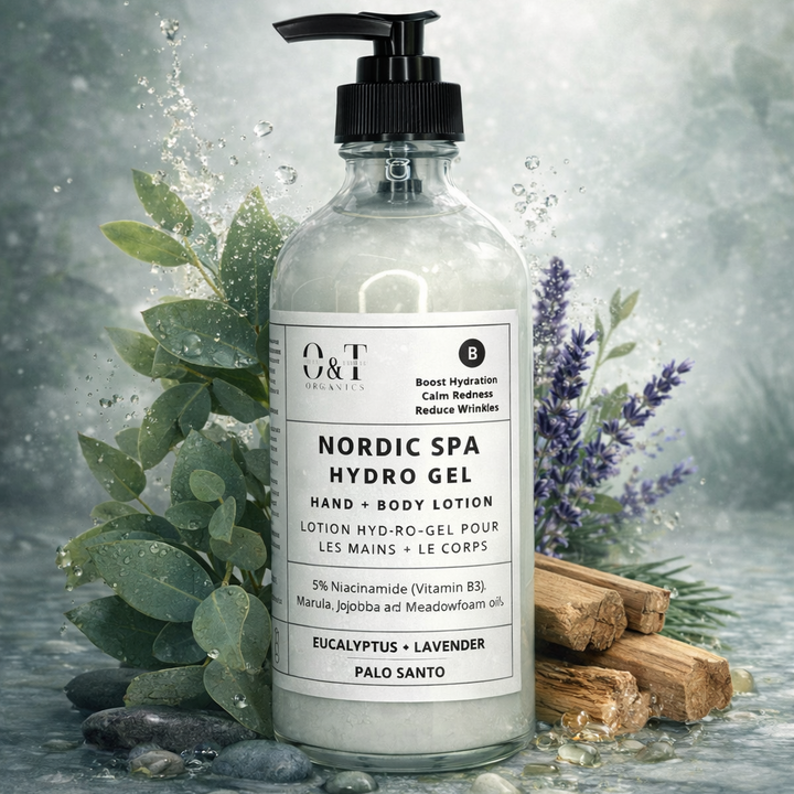 Nordic Spa Hydro Gel bottle with eucalyptus, lavender, and Palo Santo on a gray background