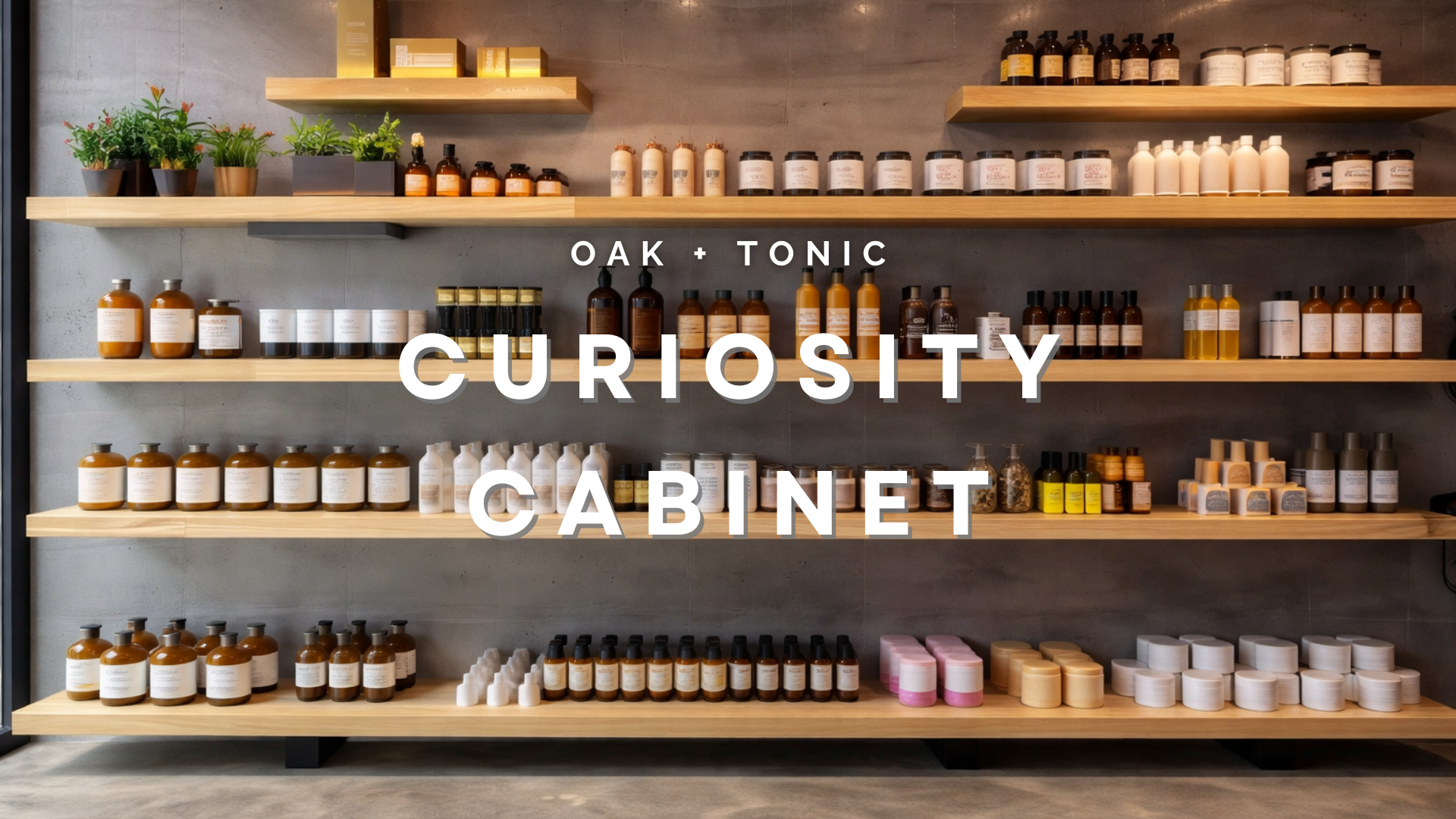 Shelves with various products labeled 'Oak + Tonic Curiosity Cabinet' against a gray wall.