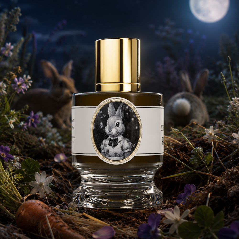 A perfume bottle with a gold cap and a white label featuring a black-and-white rabbit portrait, set in a forest floor scene with flowers, carrots, rabbits, and a full moon in the background.