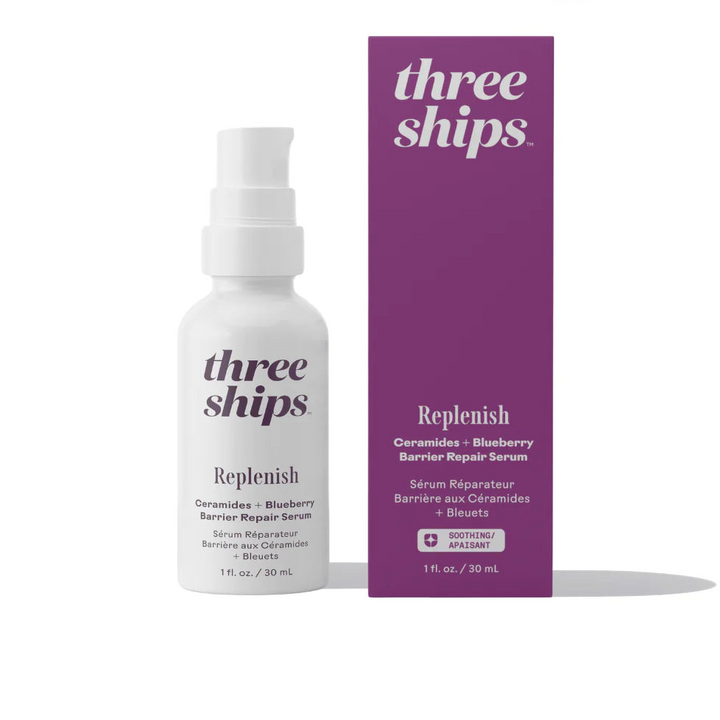 Three Ships replenish serum bottle and packaging on a white background