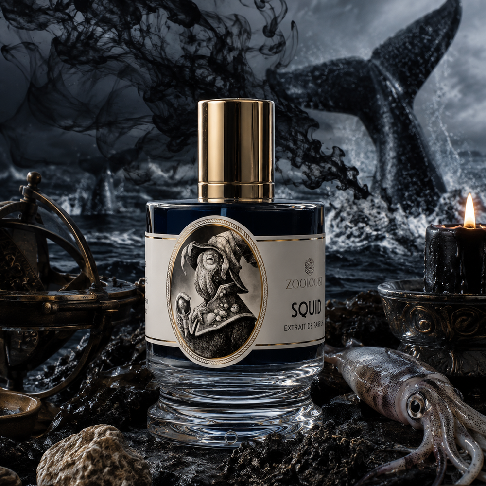 A bottle of Zoonikos Soudos ancient Greek perfume oil with a gold cap and silver-toned label, styled on a dark, rocky surface with a squid, candle, and nautical elements against a dramatic ocean background.