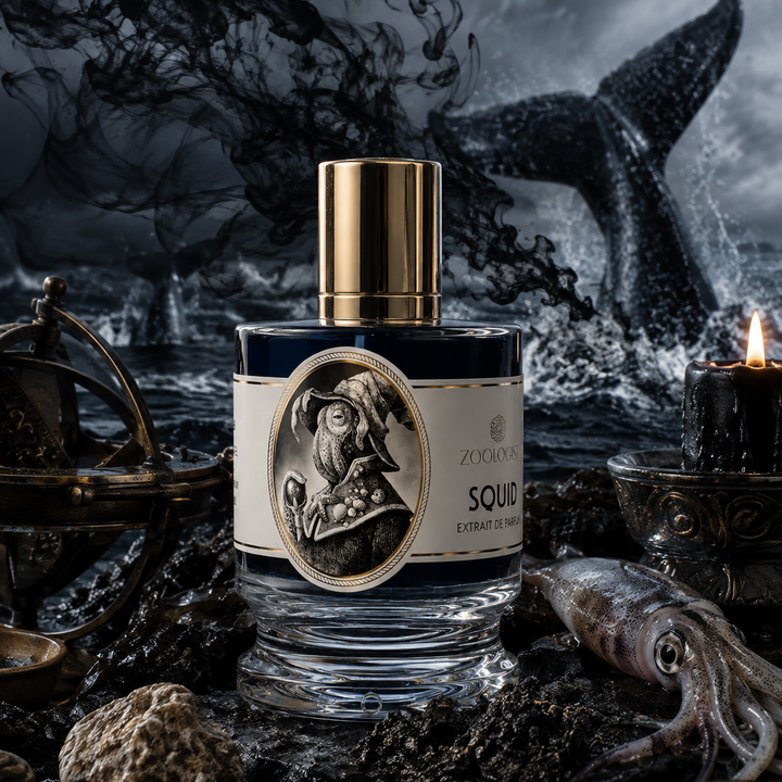 A bottle of Zoonikos Soudos ancient Greek perfume oil with a gold cap and silver-toned label, styled on a dark, rocky surface with a squid, candle, and nautical elements against a dramatic ocean background.