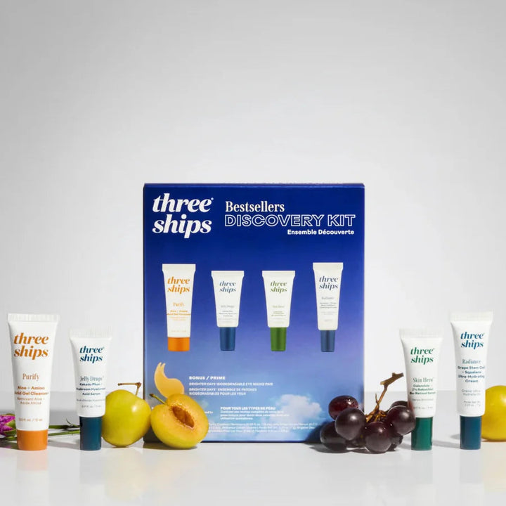 Three Ships Bestsellers Discovery Kit with multiple skincare products on a white background