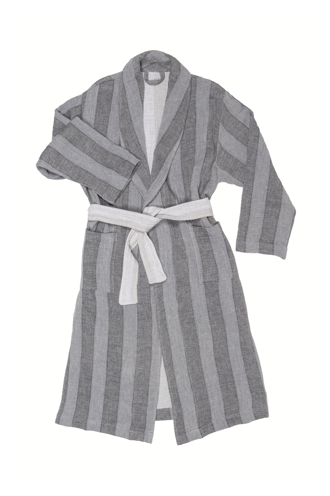 A two-tone grey vertically striped muslin bathrobe with a matching belt, laid flat against a white background.