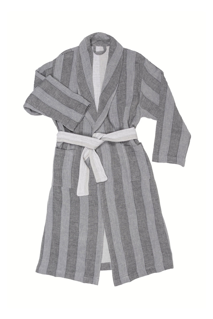 A two-tone grey vertically striped muslin bathrobe with a matching belt, laid flat against a white background.