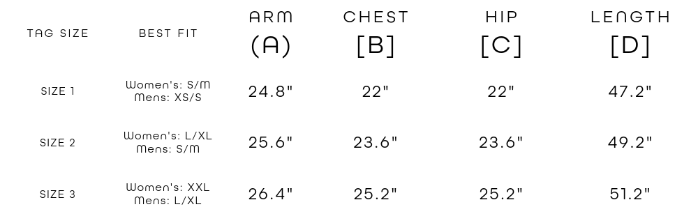 Cascade robe size chart