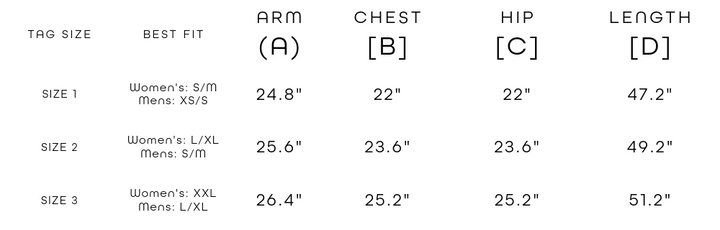 Cascade robe size chart