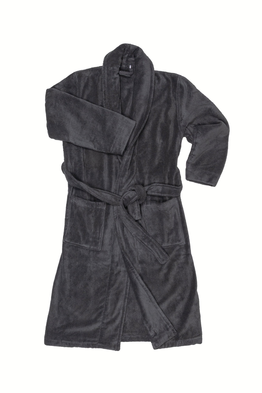 A dark charcoal gray plush bathrobe with a shawl collar, tie belt, and front patch pockets, laid flat against a white background.