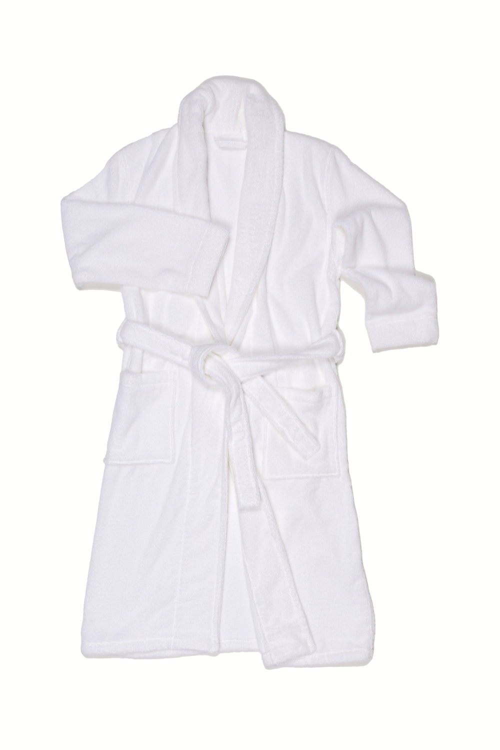 A white plush bathrobe with a matching tie belt, shown flat against a solid white background.