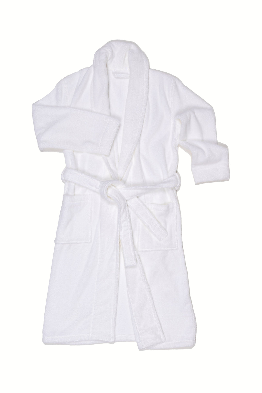A white plush bathrobe with a matching tie belt, shown flat against a solid white background.