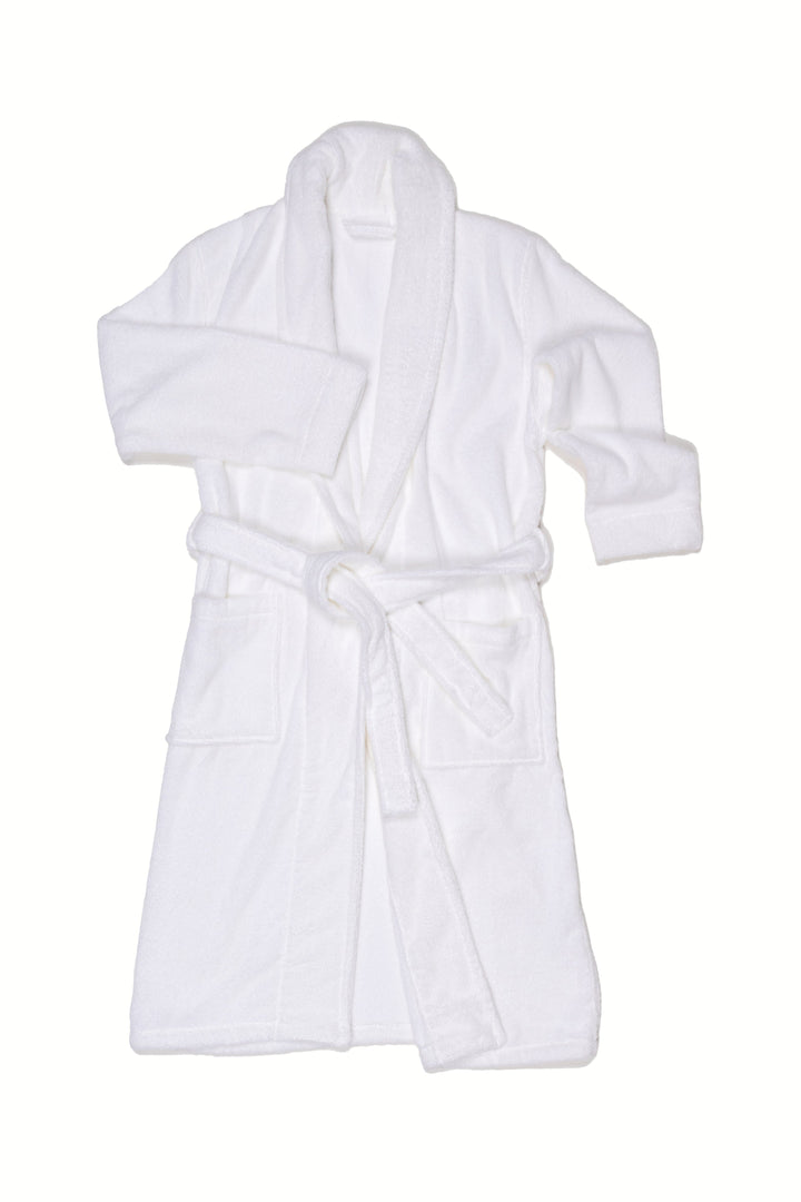 A white plush bathrobe with a matching tie belt, shown flat against a solid white background.