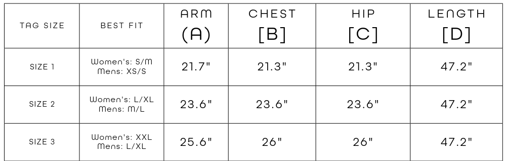 Nova robe size chart