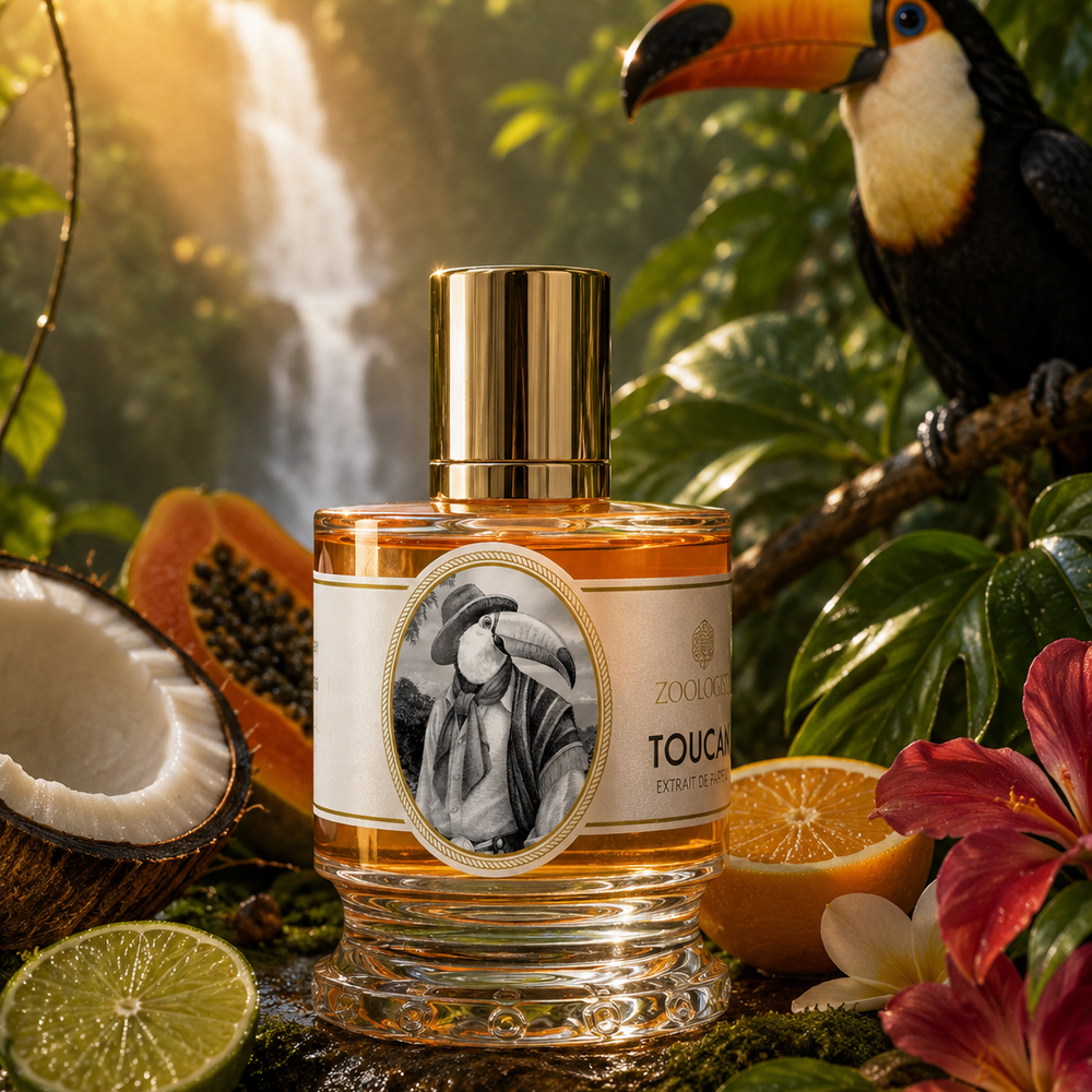 A bottle of 2006 TOUCH London perfume is centered in a lush tropical jungle scene with a waterfall, toucan, papayas, limes, flowers, and fruit. The bottle has a gold cap and a cream label with a black-and-white portrait.