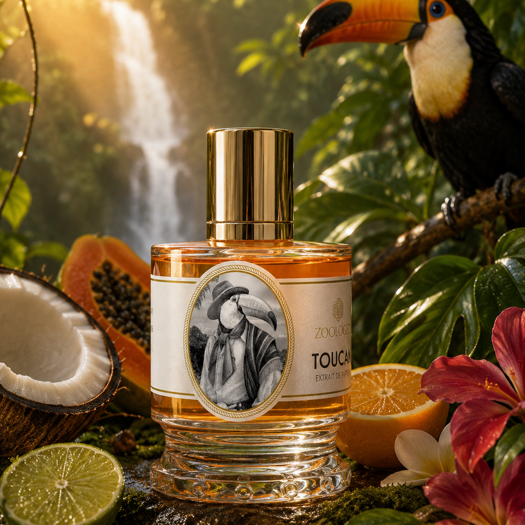 A bottle of 2006 TOUCH London perfume is centered in a lush tropical jungle scene with a waterfall, toucan, papayas, limes, flowers, and fruit. The bottle has a gold cap and a cream label with a black-and-white portrait.