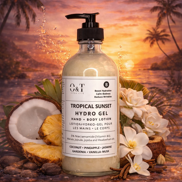 Tropical sunset hydro gel hand and body lotion with natural ingredients against a sunset beach background.